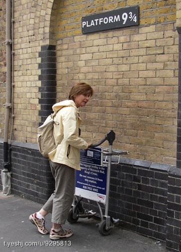 伦敦的国王十字车站(London King's Cross railway station)~连接现实与魔法世界的九又四分之三站台就在此处取景~电影拍摄之后车站里真的挂上了一块标着“Platform 9¾”的铭牌，下面甚至还设置了半截行李车~从此不时可以看到路过的哈迷试图推着行李车“穿墙而过”~