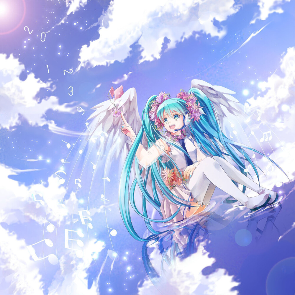 p站 二次元 天空 云 倒影 初音未来 miku