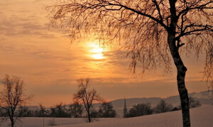 雪景，夕阳