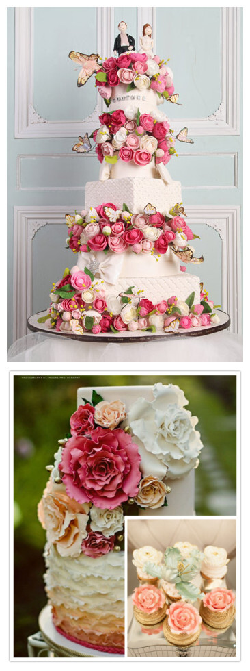 有时候蛋糕也能华丽丽地成为婚宴上的主角，用翻糖制成的蛋糕，造型别致，颜色纯正，搭配可爱的cupcake，俨然构成婚宴上一道亮丽的风景！