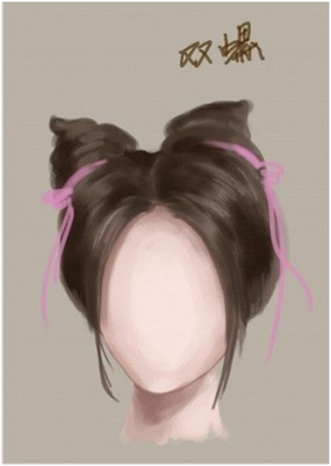 双螺 　双螺其梳编法是将发分为两大股，盘结双叠于两顶角，亦名“双角”，在《喀喇和卓古墓壁画》亦有这类发型，螺髻清晰秀雅。