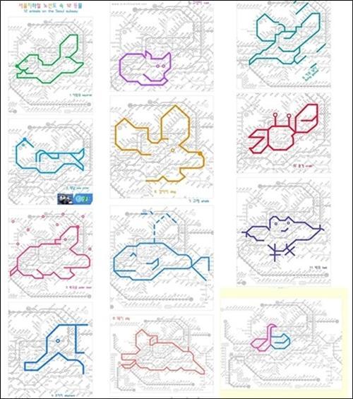  对于初次看到首尔地铁图的亲来说，眼花缭乱的地铁线，加上密密麻麻的韩文，真是有点发懵。更何况你又不知道哪是哪。哪怕拿着首尔地铁图中文版，心里面仍然是很发憷。 韩国人非常有创意心意，把繁琐的地铁图勾画出各种可爱的动物。 亲，认得出来都是那种动物吗？^_^http://www.hanguoyou.org/public/traffic/main/2