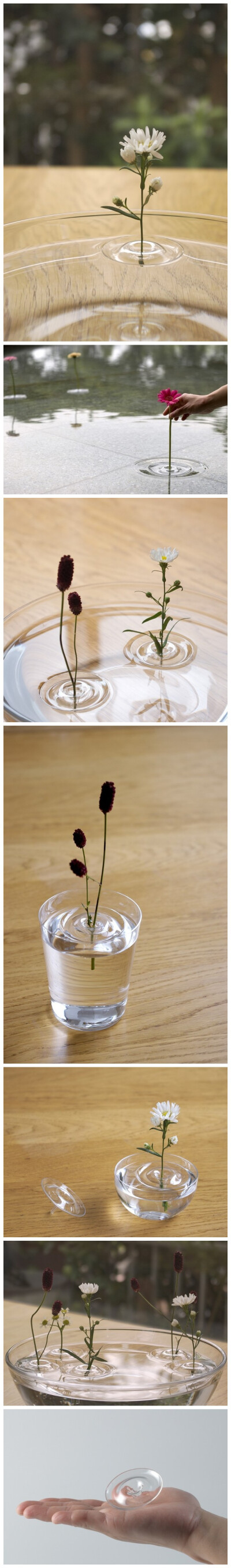 日本Oodesign设计事务所的涟漪花瓶（Floating Vase），这个简单到极致的花瓶就像蜻蜓点水所泛起的一圈圈微微波纹 ，由发泡和树脂材料制成 。使用时将装饰花儿插入其中，就可以让花儿诗意的驻立在盛满清水的容器中，…