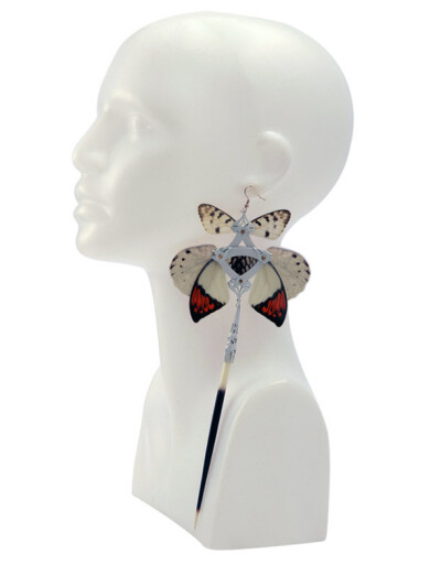 Kiguku / White Cobra and Orange Butterfly Kanzashi Long Dangle Earrings