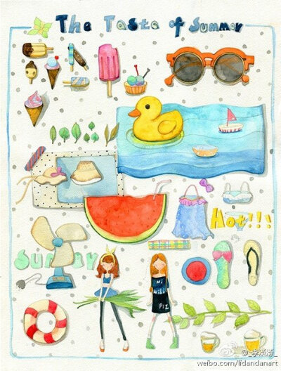 夏天的符号：西瓜、蝉鸣、蛐蛐、阳光、海滩、汽水、风扇、凉拖、冰淇淋、潜水镜、游泳圈、太阳帽、稻香..