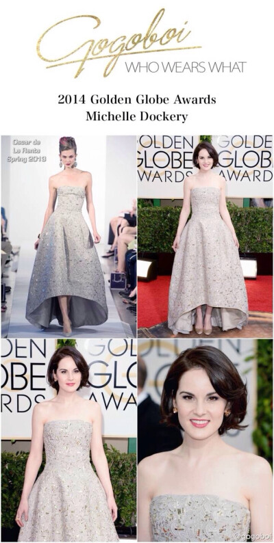  Michelle Dockery穿Oscar de la Renta亮片刺绣裙亮相第71届金球奖。高雅的美人儿和精细的裙子真是绝配。大小姐看起来就像朵兰花，冷冷清清、一片洁白，美得拒人千里。当然，她最迷人的就是这股贵气和傲娇，让人想亲…