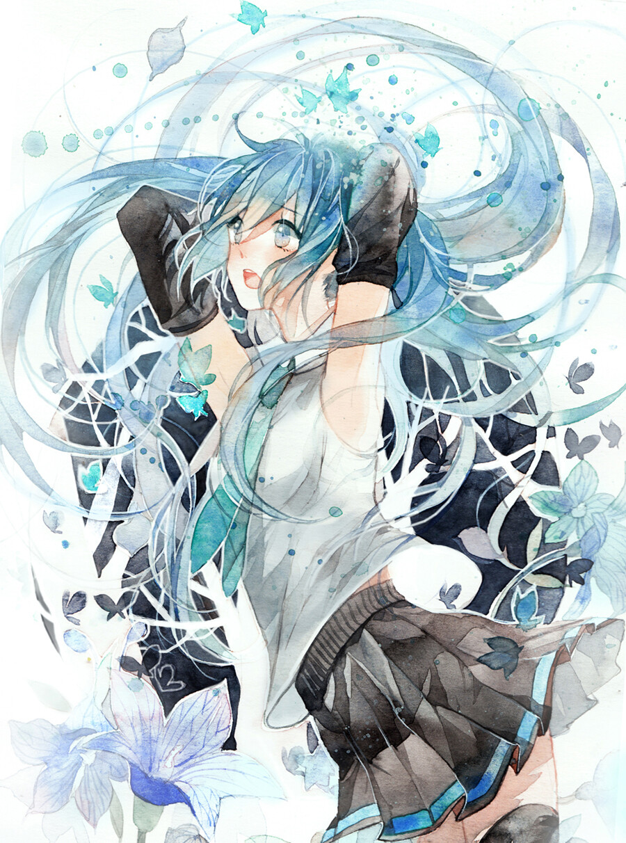 水彩 p站 二次元 插画 初音未来 miku