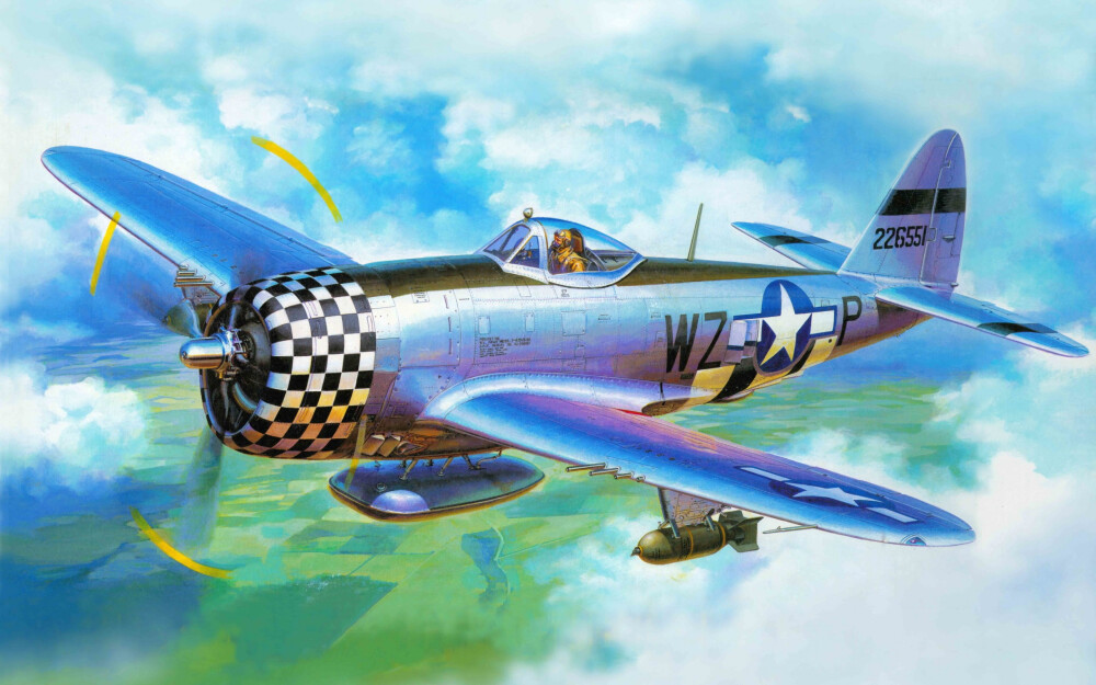 P-47雷电战斗机 二战著名战斗机。共和公司于1939年11月开始研制，1941年5月6日，P-47B首飞成功。试飞证明，该机在 5,000 米以上的高空可以400公里／小时的速度盘旋，高空机动性能良好；并在8,470米的高度创造了时速为690公里 的最大平飞速度纪录。试飞后，P-47便有了“雷电”的绰号，并签订了第一批生产合同。 1942年5月，P-47正式批量生产，一代名机从此开始走向成熟，飞往世界反法西斯战场的前线。P-47飞机持续生产到50年代初才关闭生产线。 1944年春天、两个P-47战斗机大队被派往中国成都地区，主要任务是为B-29轰炸机护航。在持续两年多的战斗中，P