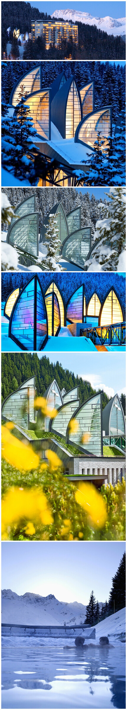 瑞士楚根酒店 Tschuggen Grand Hotel 藏于圣莫里茨（St.Moritz）附近的海拔1800米的山脉中，靠近滑雪度假胜地阿罗萨（Arosa）。高高的金属框架和玻璃幕墙组成帆船形的外观，它们连成一片，形成锯齿状。上面是白雪覆盖的山顶，四周是教堂式的彩色玻璃窗。水蓝色玻璃和白色花岗岩搭建起的一座桥连接了这座名为“山中绿洲（Tschuggen Bergoase）”的SPA建筑和楚根大酒店（Tschuggen Grand Hotel）
