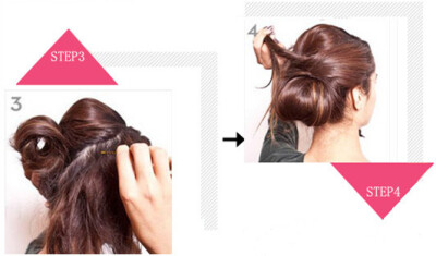step3：将马尾辫往上扭转用发夹固定形成一个发髻。 step4:将右边的头发顺时针扭转后缠绕到发髻上方。