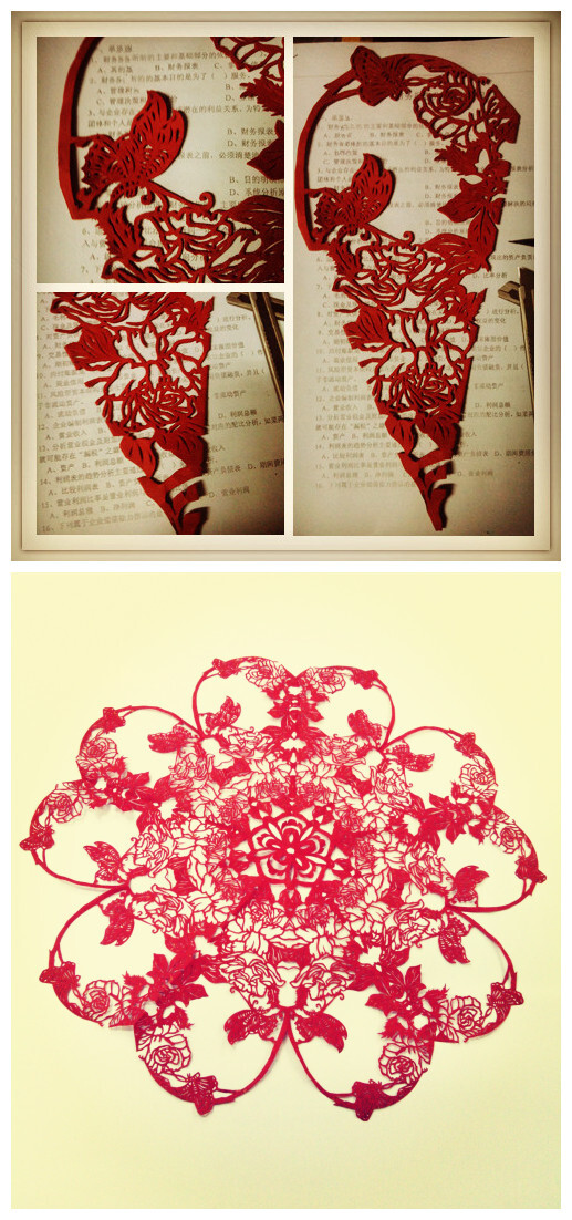 剪纸是中国最为流行的民间艺术之一，红色代表着喜庆。并且我也喜欢手工，因此大学选修了剪纸这门课程。这个剪纸作品可以说是我两天废寝忘食做出来的，同时也是我最得意的作品。同时也很感谢我的指导老师