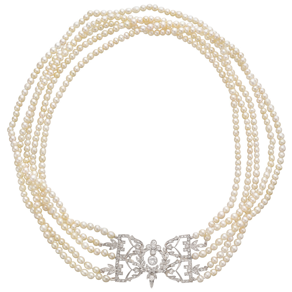 Antique 5-Strand Natural Pearl Necklace with Diamond Clasp 5-strand natural pearl choker necklace, the pearls ranging from approximately 2.85mm to 3.60mm, with pierced diamond-set clasp in platinum, circa 1920 (recently, re-strung by Betteridge with the antique diamond clasp).