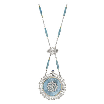 Tiffany &amp;amp; Co. Platinum, Diamond and Blue Enamel Belle Epoque Pendant Watch with Chain