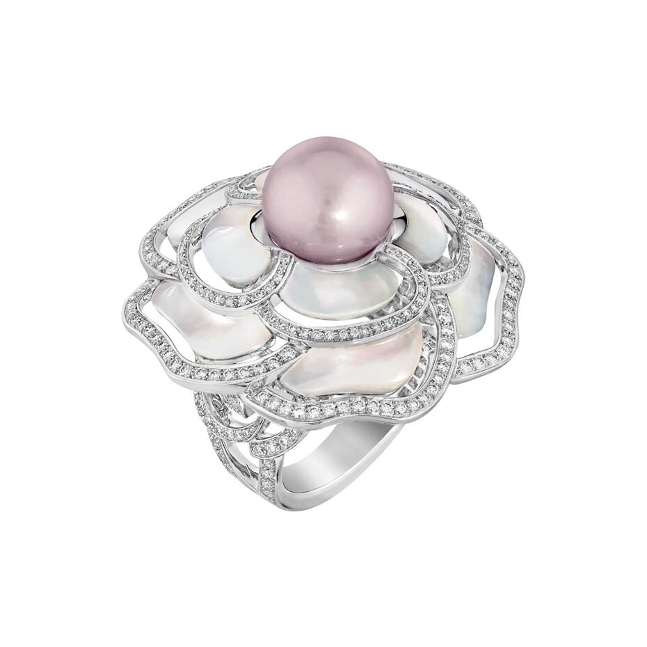 Chanel Camélia Nacré ring in white gold, from the new Les Perles de Chanel collection, set with brilliant-cut diamonds, a freshwater cultured pearl and carved mother of pearl.