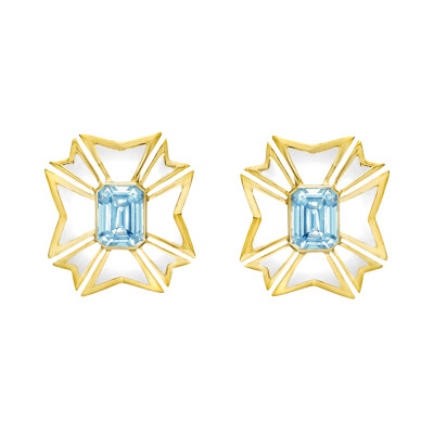 Verdura Maltese Cross Aquamarine &amp;amp; White Enamel Earrings