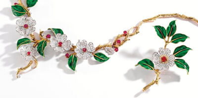 Suite of 18 Karat Gold, Diamond, Ruby and Enamel Jewelry, Boucheron, Paris