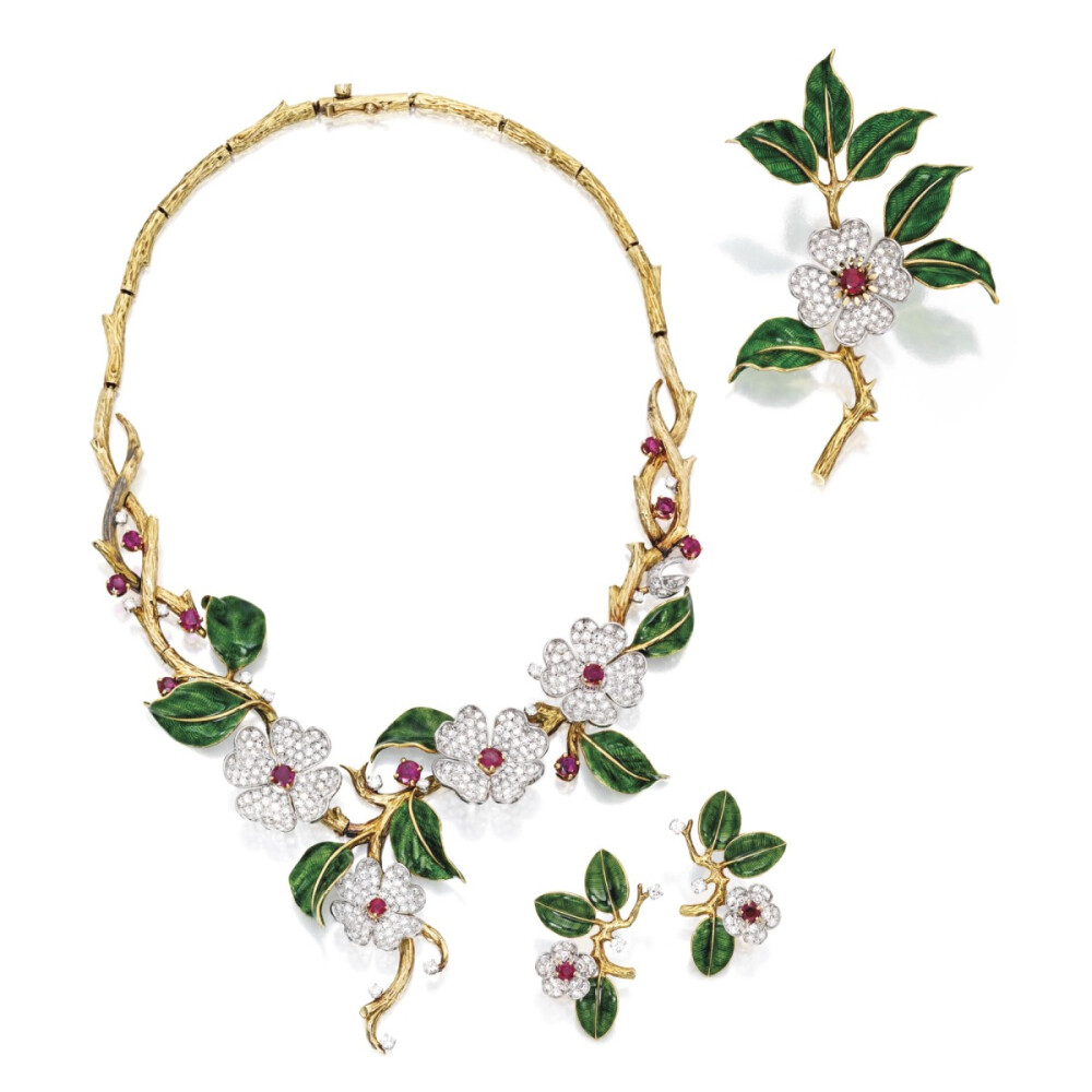 Suite of 18 Karat Gold, Diamond, Ruby and Enamel Jewelry, Boucheron, Paris