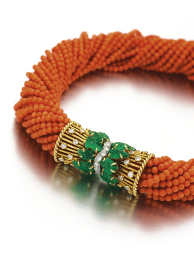 CORAL, EMERALD AND DIAMOND CHOKER, CARTIER, 1949