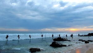 斯里兰卡南部海滩Midigama，真正的高竿钓鱼之所。Lonely Planet封面上的那两位渔夫就在这里的激浪中垂钓，在夕阳落下之时满载而归。