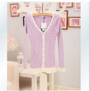 2014春装 甜美 撞色边钉珠荷叶下摆针织开衫包邮