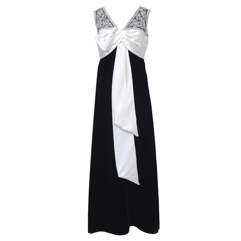 BLACK VELVET/WHITE SATIN GOWN WITH BEADING