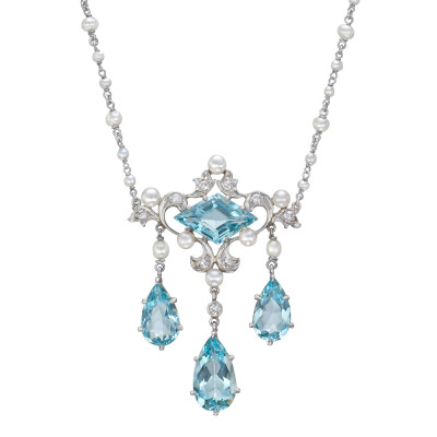 Estate Betteridge Collection Antique Aquamarine Lavalier Pendant Necklace