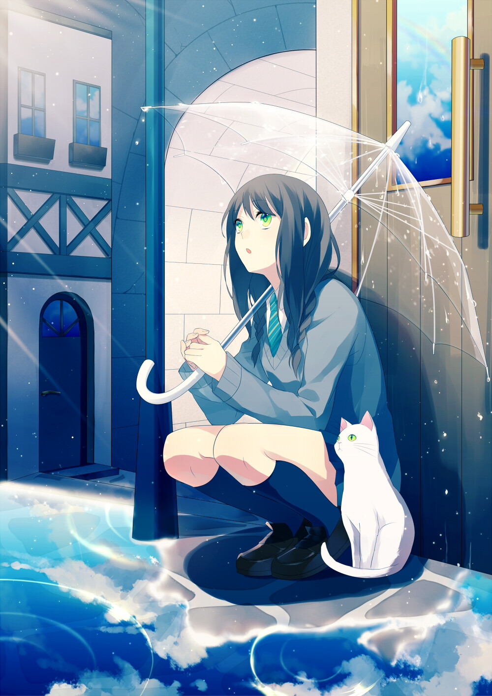 天気雨 p站 二次元 插画 少女 伞 雨 猫 太阳雨