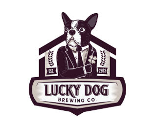 Lucky Dog的这款logo以一只“狗”为主题，在表现形式上将其拟人化，给他穿上了衣服、带上了领带，是其更加具有辨别度。黑色与白色的搭配使得整款logo营造出了一种年代感，十分和谐的色彩搭配。