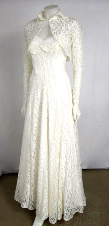 1950S Strapless Shelf Bust All Lace Wedding Dress w Peter Pan Scallop Collar Long Sleeve Bolero