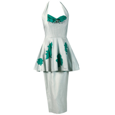 1950's Lilli Diamond Green &amp;amp; Silver Shelf-Bust Halter Applique Peplum Wiggle Dress