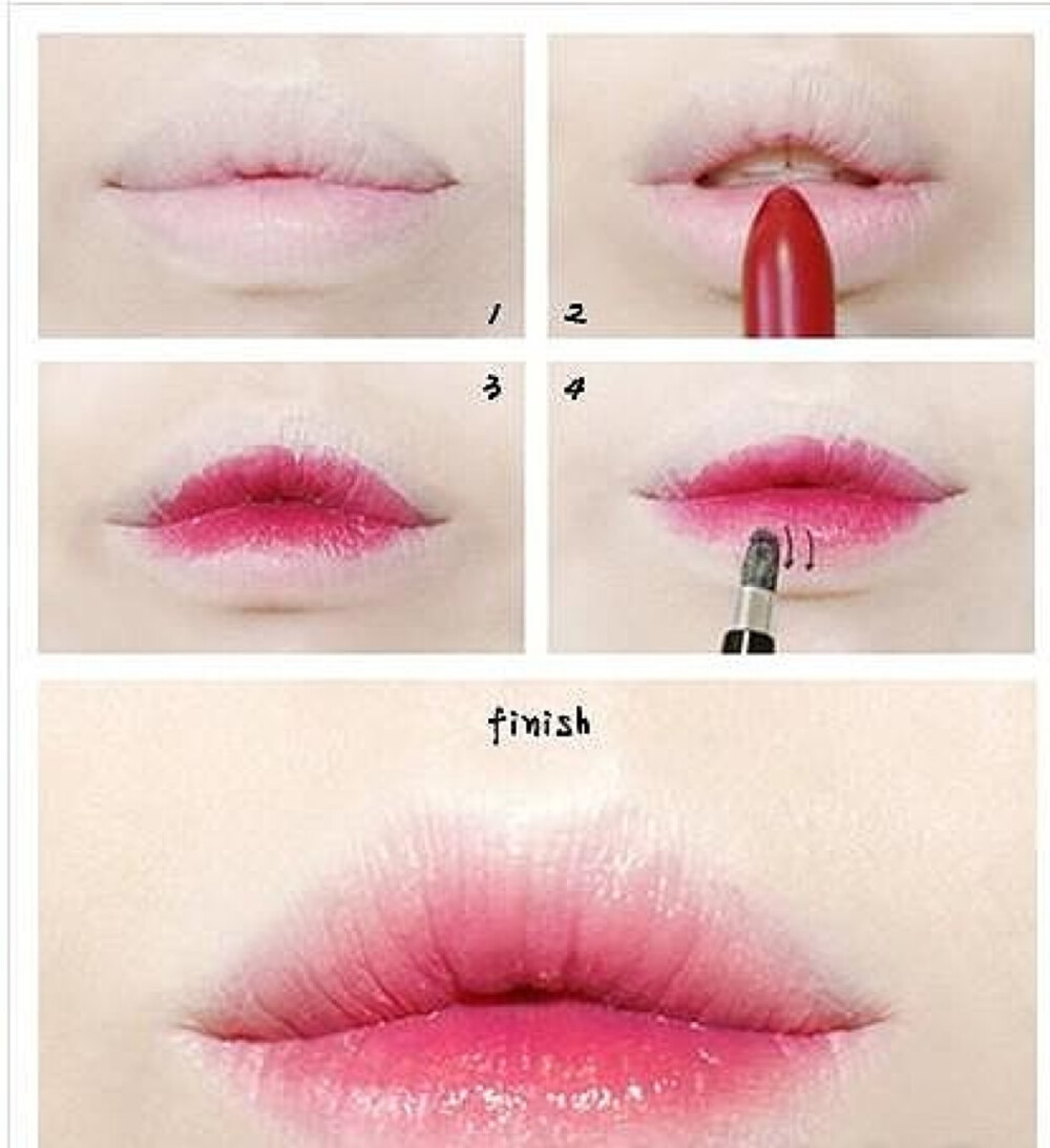 春天"花瓣唇"画法 step 1:润唇膏打底,遮瑕膏遮盖唇色 step 2:唇膏