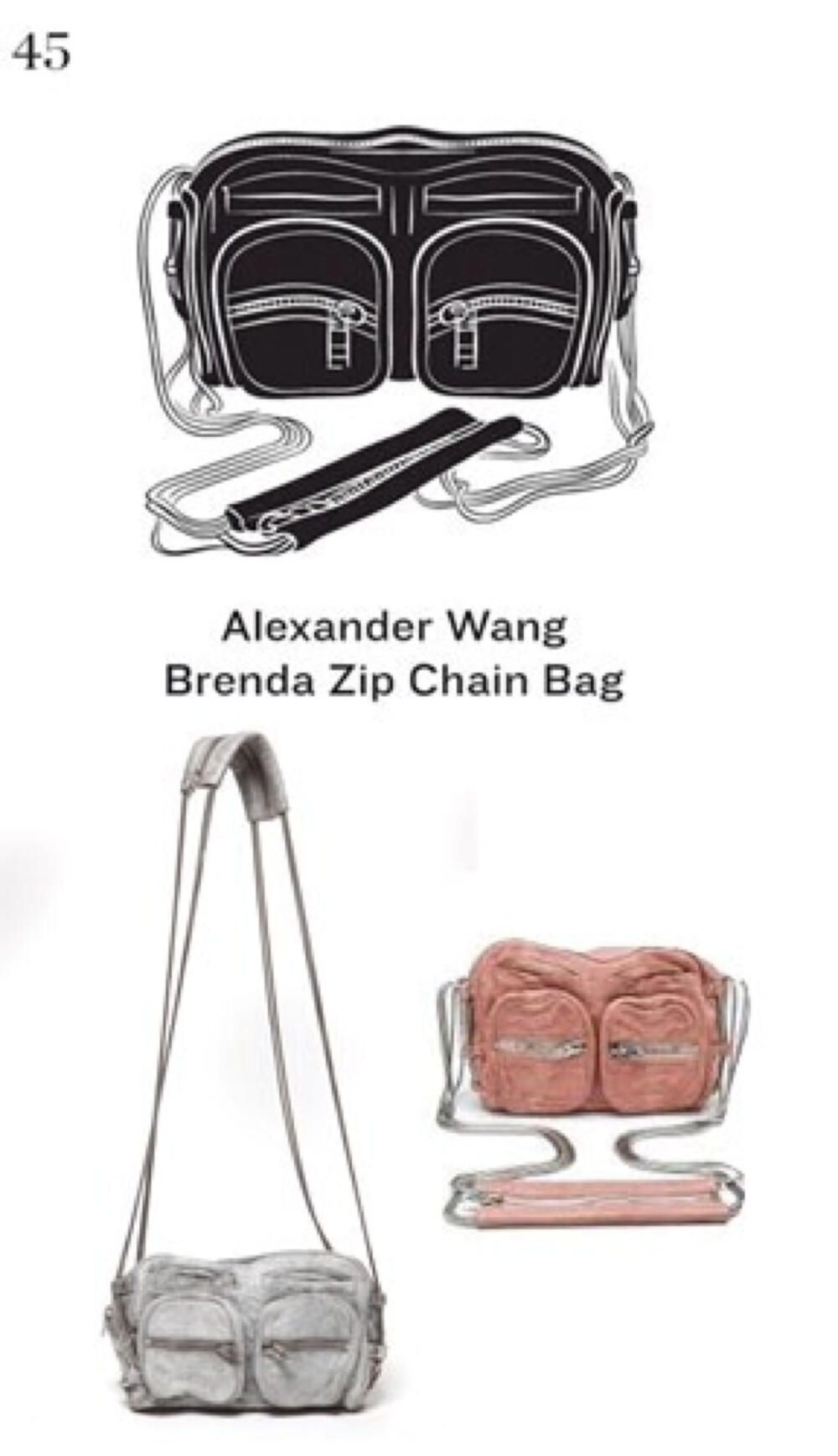 亚历山大·王（Alexander Wang Brenda Zip Chain Bag）Alexander Wang Brenda Zip Chain Bag这款羊皮仿牛仔包包是Alexander Wang 又一经典设计。羊皮的质地看上去访旧的设计好似牛仔布一般，可摸上去却颇具手感。虽然包身小巧，但设计的很到位，多口袋的设计为包增添了很多功能感。而银色的金属链条流畅的线条，与仿牛仔小羊皮搭配在一起，别有一番韵味。