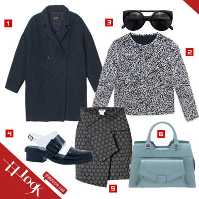 1.藏蓝色大衣 Monki Francesca 2.圆领上衣 Carven 3.黑色墨镜 Abstract Arrow 4.pvc平底鞋 3.1Phillip Lim 5.印花短裙 Kenzo 6.大号手拎包 PROENZA SCHOULER