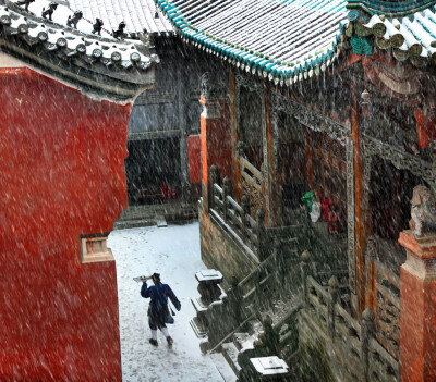 中国红色的建筑和漫天飞地的大雪。疾驰的背影在古建筑中穿行。我忘记了这是在哪里看到的摄影作品。总之很喜欢它带给我的臆想空间。