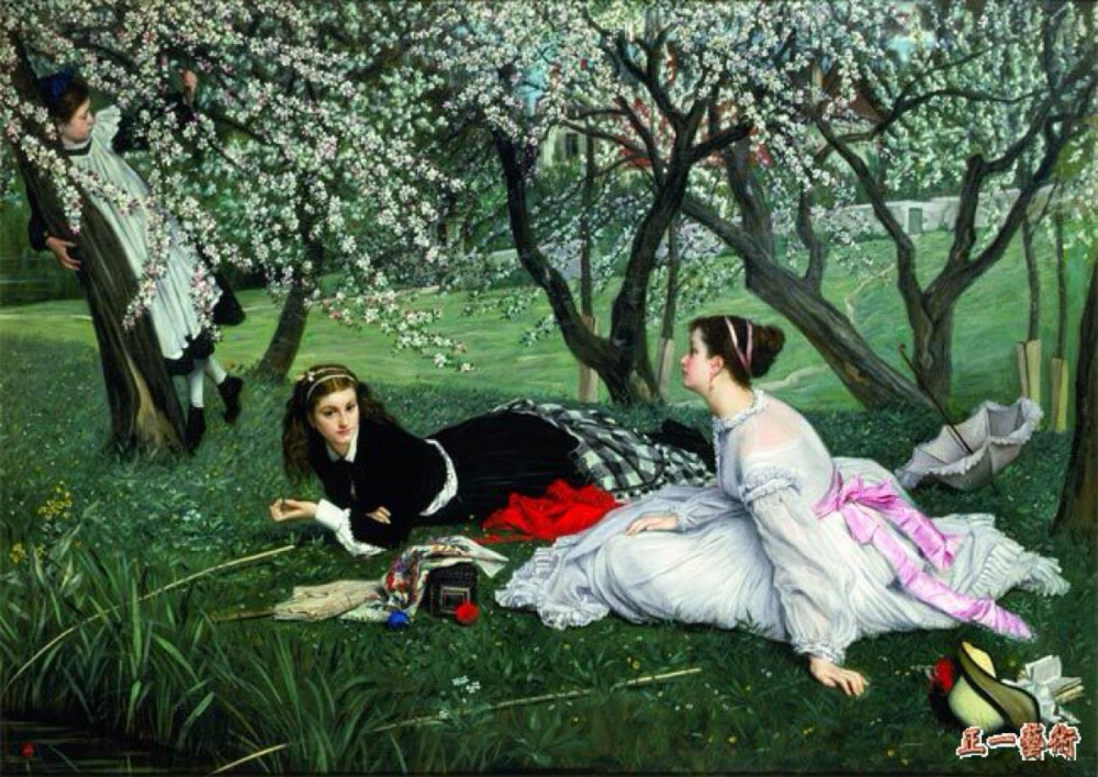 40×127厘米 画中的三位少女在田野里休憩,面部没有一丝笑容,几乎可以