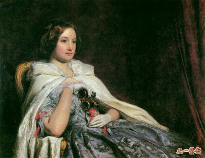  214、包厢 弗里思 英国 1855年 34.9x45cm,布油彩 普雷斯顿哈里斯美术博物馆 这画描绘的是剧院包厢里的一位年轻姑娘，她手持望远镜，可能是由于剧情或演员使她陷入深深的思绪中，这是一幅肖像性很强的风俗画…