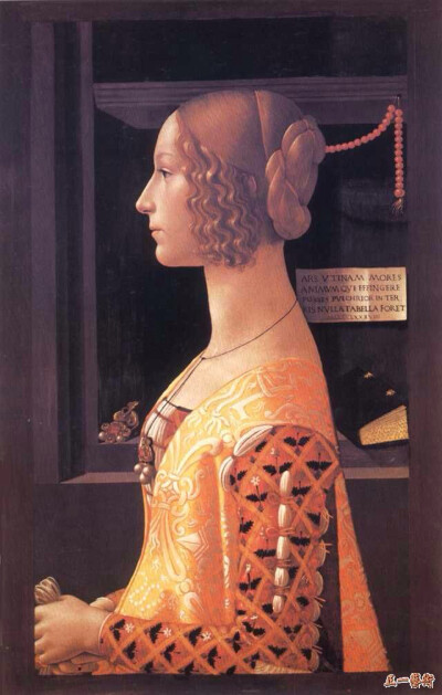  235、仕女乔凡娜别尼 吉郎达约 木板油画 1488年 96×50厘米 这幅仕女图，是吉郎达约30岁时的作品，他将一位少女描绘得如此漂亮和典雅高贵，宛如一尊玉琢金塑的雕像，在艺术史上可算是绝无仅有的杰作。