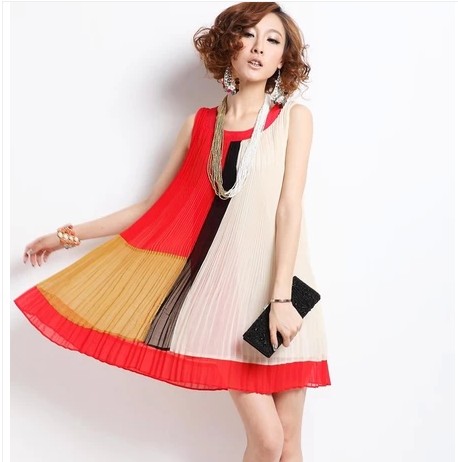  http://item.taobao.com/item.htm?spm=a1z10.1.w4004-5459062847.2.nYO3Cf&amp;amp;id=37415932572雪纺连衣裙 2014夏装新款大码无袖连衣裙宽松压褶拼接套头雪纺衫