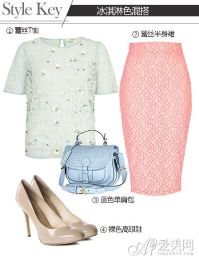  单品推荐： ① River Island 绿色蕾丝短袖T恤 ￥399 ② River Island 红色蕾丝铅笔裙 ￥411 ③ River Island 蓝色单肩包 ￥499 ④ NINE WEST玖熙漆皮超高跟单鞋 ￥595