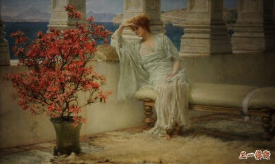  263、怅然远望 塔德玛 1836―1912年 荷兰 木板油画 1897年 23×38厘米 墨西哥西蒙基金会藏 每幅画的主题通过它们的标题便可意会，例如这幅1897年画的《怅然远望》：一位少女坐在阳台上，眼睛望着大海，心中想着刚…