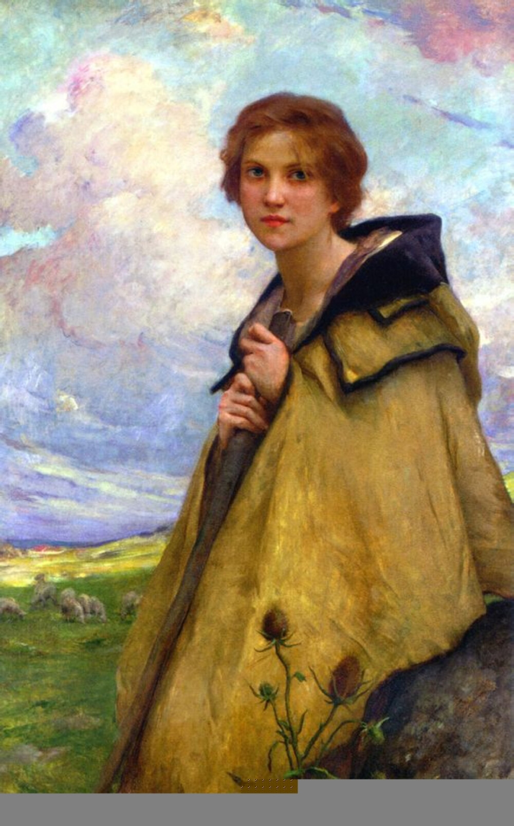 油画 勒努瓦画中的牧羊女,披着脏旧的黄褐色大衣,不整齐的短发,落寞中