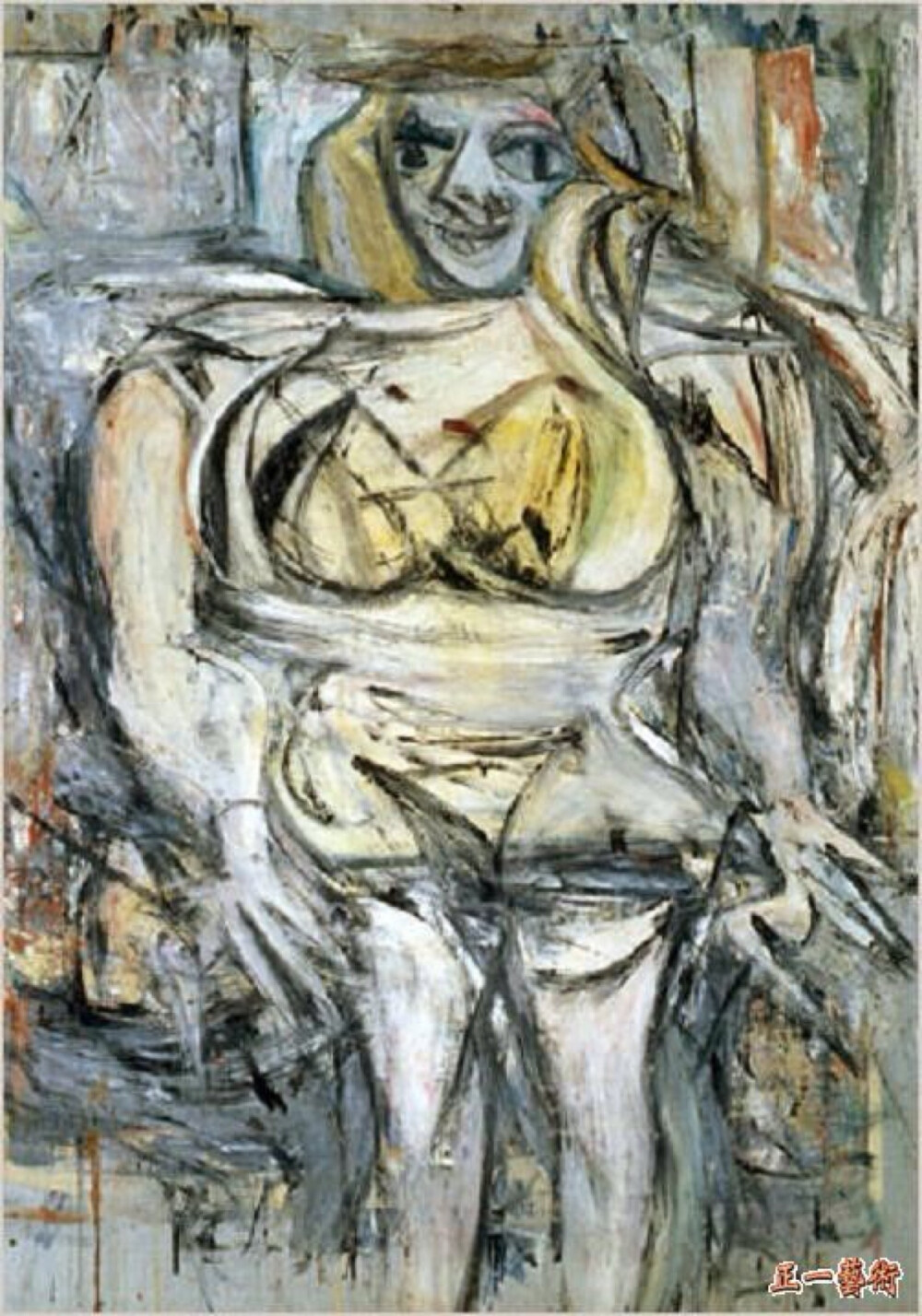  351、女人3号 德·库宁 美国 布面油画 1953年 68x48.5英寸 私人收藏 2006年11月，这幅画由David Geffen以1.375亿美元卖给了亿万富翁Steven A. Cohen。此画是库宁围绕女性主题作的六幅画之一，这些妇女形象是库宁个人风格的标志。人像是以强烈激情刻画出来的，笔触纵横交错，色彩肆意挥洒，没有明晰的界限和秩序，是库宁的“心灵即兴创作”。他说：“秩序对我而言，是被支配，是一种限制。限制是必须被排除的，必须被克服的。”在他的画面上，不论形象的或抽象的内容，都没有任何的约束，构图、空间、透视、平衡，等等传统绘画技法和审美观念一扫而空。