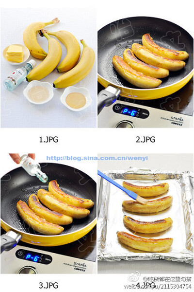 【烤香蕉】：1将黄油和细砂糖放入锅中，用满满小火融化，然后放入去皮的香蕉，用小火煎至双面金黄。 2将朗姆酒倒在香蕉上，让朗姆酒遇热挥发出酒的清香，浇上橙汁后关火。 3将香蕉放在铺有锡纸的烤盘中，表面刷上蜂…