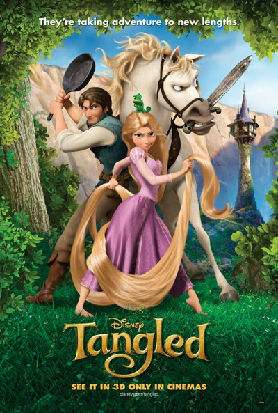 《长发公主》(Tangled) ——2010年迪士尼动画电影。故事主角是位有着一头金色长发的女孩Rapunzel，女巫需要她的头发保持青春，也因此把她关到森林中的一座没有楼梯高塔之上。她越发渴望外面的世界，女巫为了自己青春…