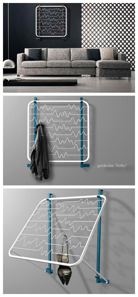 这个金属衣架的设计非常有创意，中间是不同形状的波浪型金属丝，悬挂在墙上本身就有一定的装饰效果，可以把随时的衣物挂在上面，需要的时候，还可以和墙面成一定角度旋转固定。