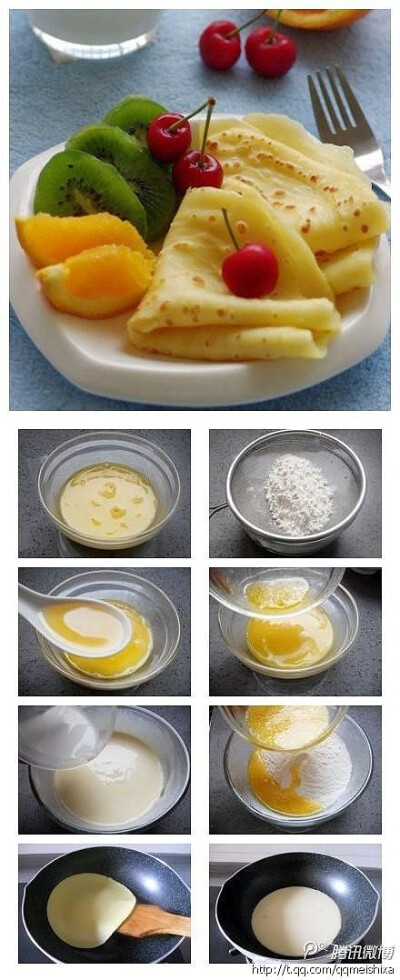  【橙香鸡蛋软饼】1将面粉过筛，以免面粉结块2将鸡蛋磕入碗中，搅打均匀3将黄油切小块，微波炉加热至融化，倒入蛋液中.4加橙汁，搅匀5溶液倒入面粉中，沿着一个方向搅拌均匀6分次加入牛奶，一边加一边搅拌，直到牛奶…
