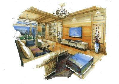 武汉绘晨手绘 室内手绘效果图 客厅手绘效果图