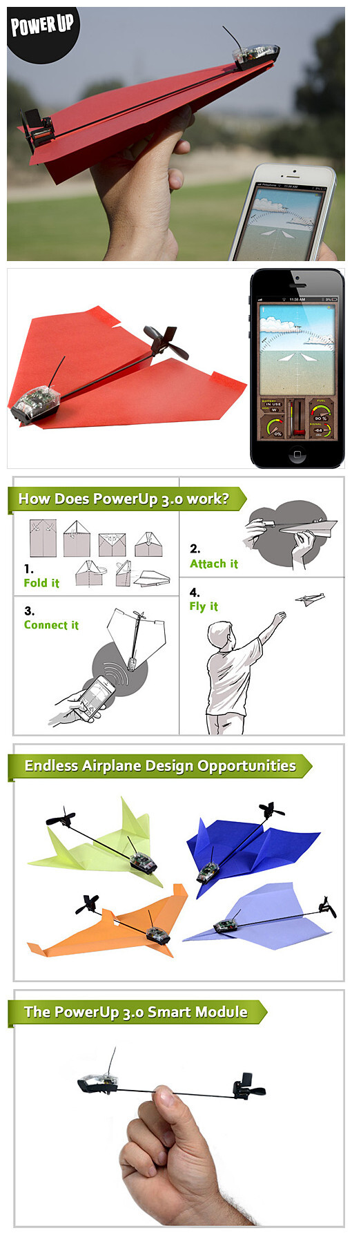  对于每个曾经年少的我们而言，纸飞机那都是童年最能承载梦想的道具了，身边也总是会有一个两个或者三个小伙伴，他们折的纸飞机，就是能比你的飞得高、飞得远，让你徒呼奈何~不过，若干年过去，我们终于可以将纸飞机变作大人的游戏，让每个已经多少变得粗糙的手指，在蓝天白云下再度找回纯真的乐趣——这便是能用手机遥控的电动纸飞机（PowerUp 3.0）：简单地说，它是一套体积超迷你、重量超轻的电动螺旋桨套件，将之架在你自己折的纸飞机上，就能让其获得动力，并通过手机上的APP（支持安卓和iOS）遥控飞行，每通过USB口充满电一次，能飞行大概10分钟，而遥控的距离可达54米，足够你蹦跶和卖弄了~