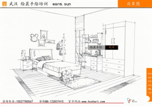 手绘效果图  手绘效果图线稿  儿童房手绘效果图  绘晨手绘 田园风格儿童房手绘效果图