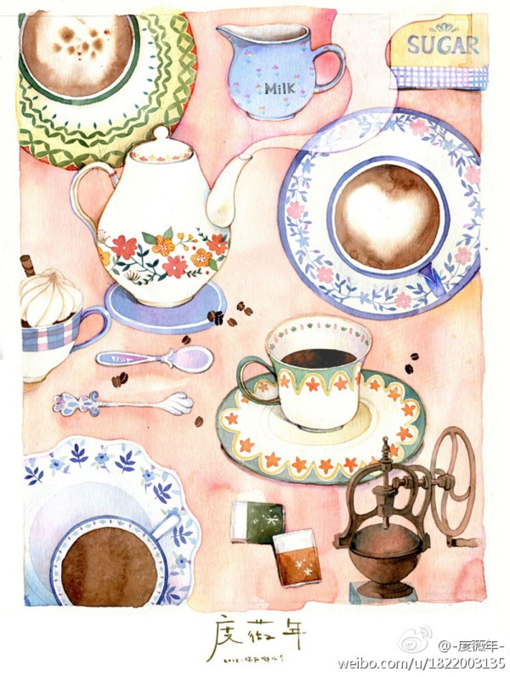 度薇年温暖水彩插画下午茶手绘